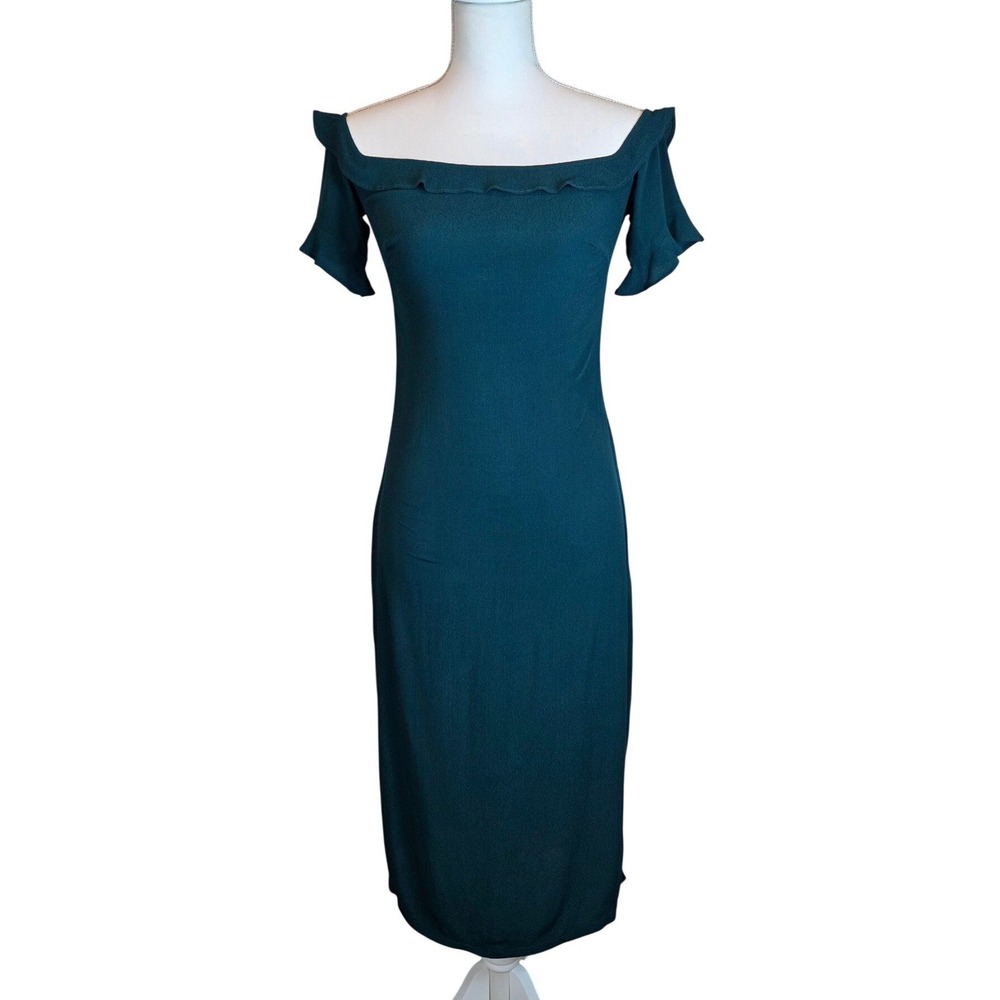 Reformation Antonia Teal Green Off Shoulder Ruffle Midi Dress‎ Crepe Size 2-4